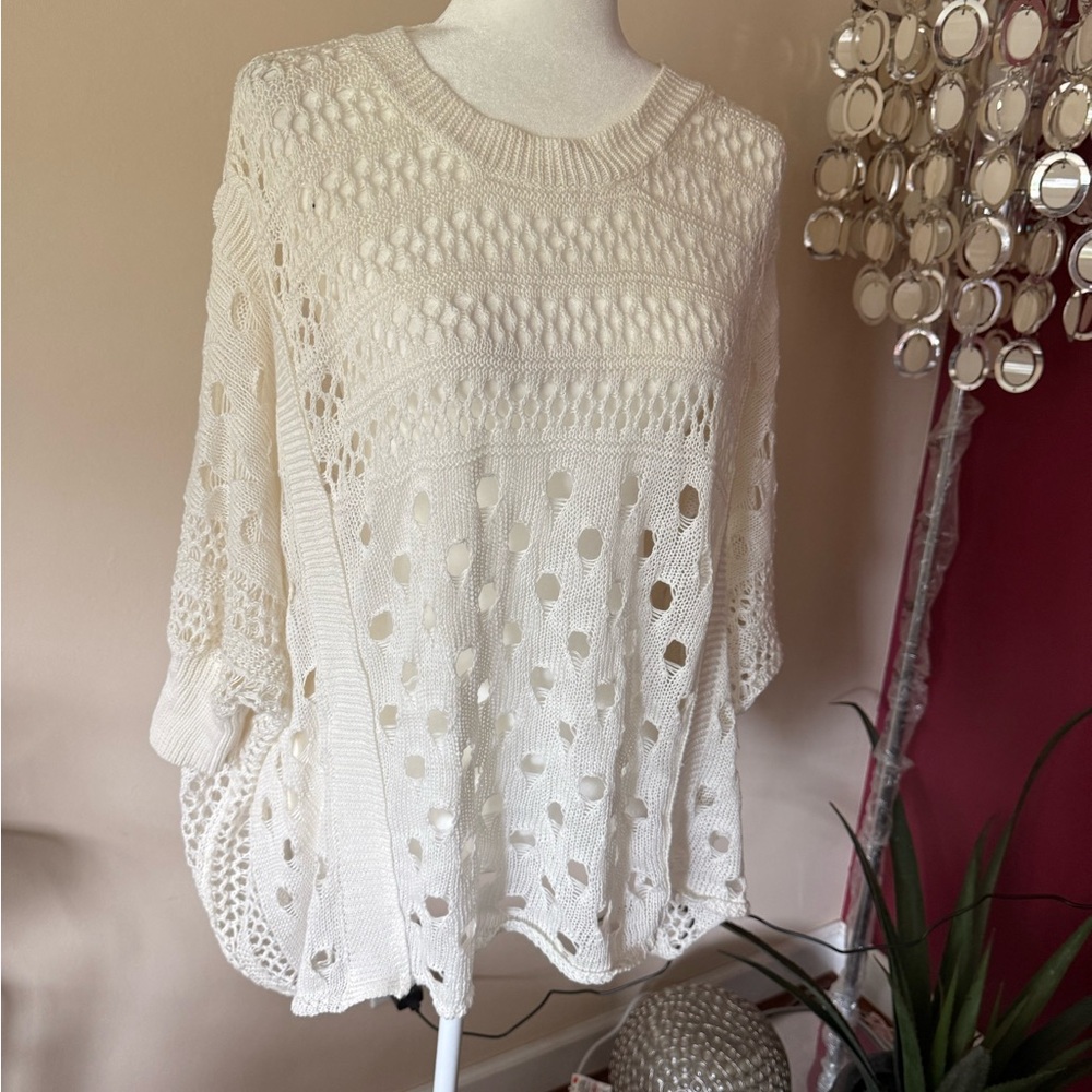 Crew Neck Sweater with Open-Knit Pattern